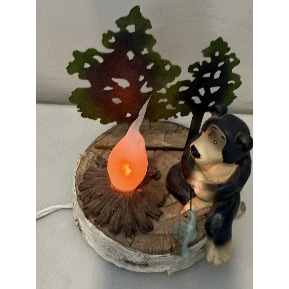 Vtg Black Bear Campfire Night Light Table‎ Lamp Rustic Cabin Lodge Decor Flicker